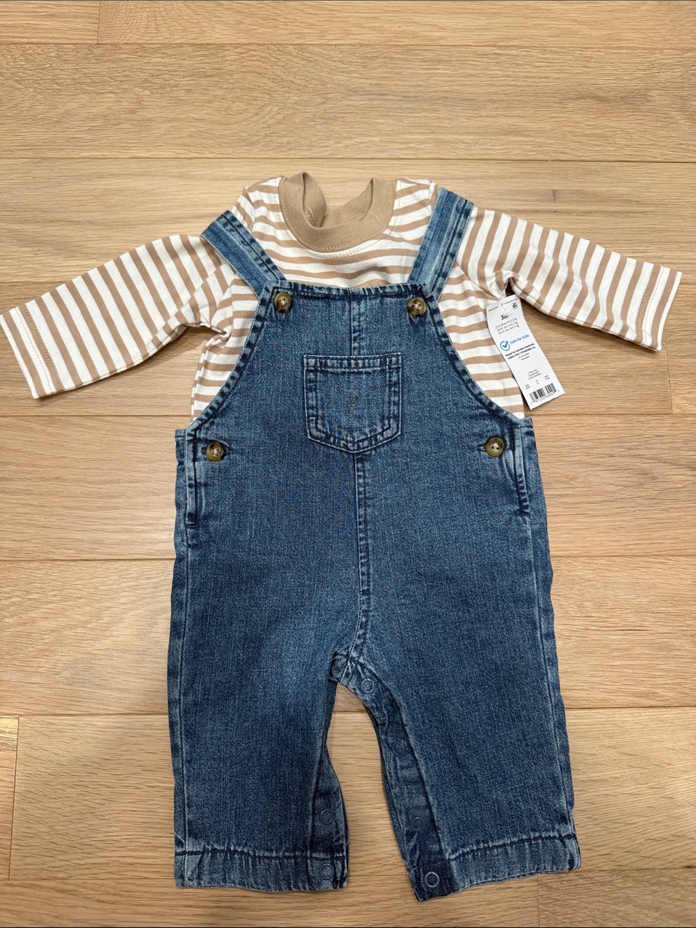 Carter's Tan Striped Top with Blue Denim Overalls Set